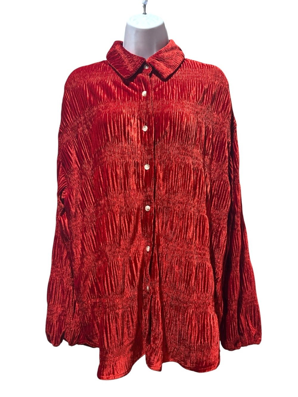 BiBi Red Crushed Velvet Oversized Button Down Tunic Top Size Small